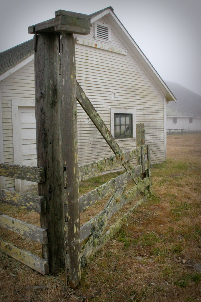 Weathered wooden ranch gate with diagonal brace on a rural property