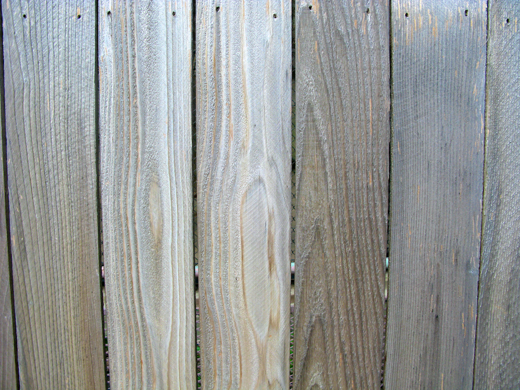 Close-up of weathered grey timber paling fence boards showing grain and nail holes